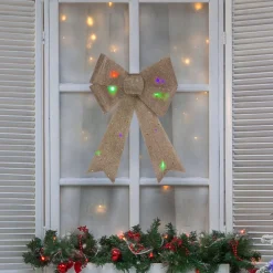 16" LED Lighted Gold Glitter Burlap Bow Christmas Decoration with Color Changing Lights