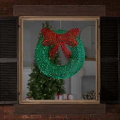 24" LED Lighted Green Glitter Wreath with Red Bow Outdoor Christmas Decoration