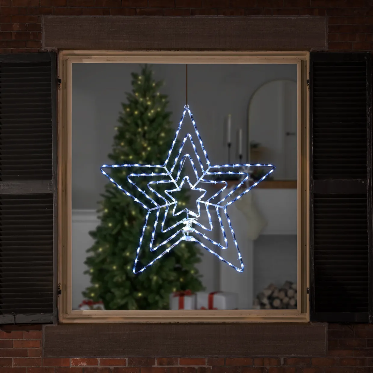 24" LED Lighted Layered Stars 8 Function Christmas Window Silhouette