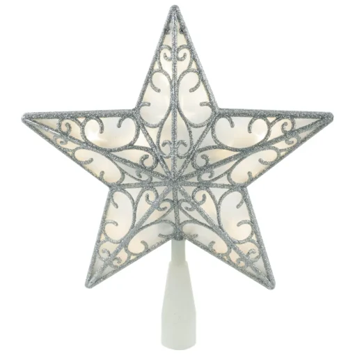 9" LED Lighted Silver Glitter Star Christmas Tree Topper, Warm White Lights