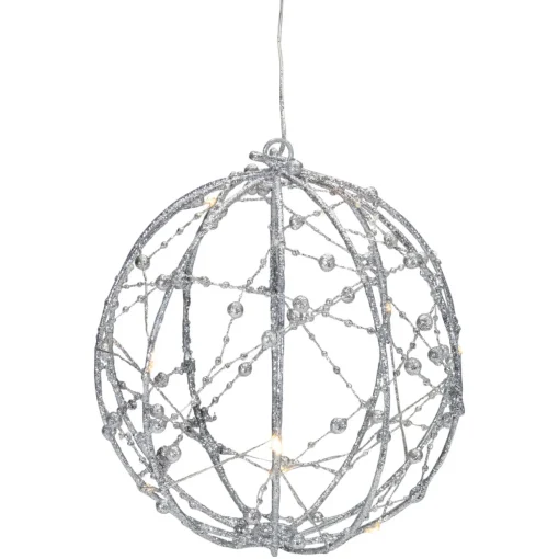 8" LED Lighted Silver Wired Christmas Hanging Ball Decoration - Warm White Lights