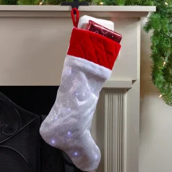 22.25" LED Lighted White Iridescent Glittered Christmas Stocking with Red Cuff