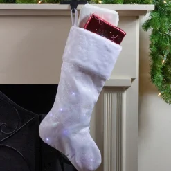 22" LED Lighted White Iridescent Glittered Snowflake Christmas Stocking