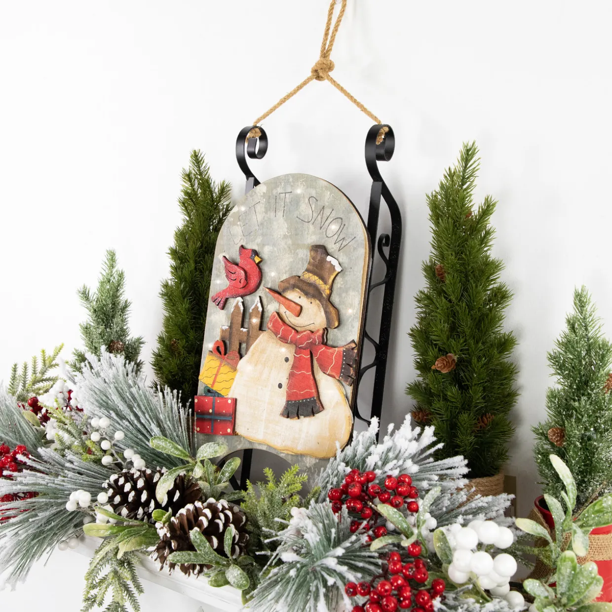 17" LED Lighted Wooden Sled with Snowman and Cardinal Christmas Decoration