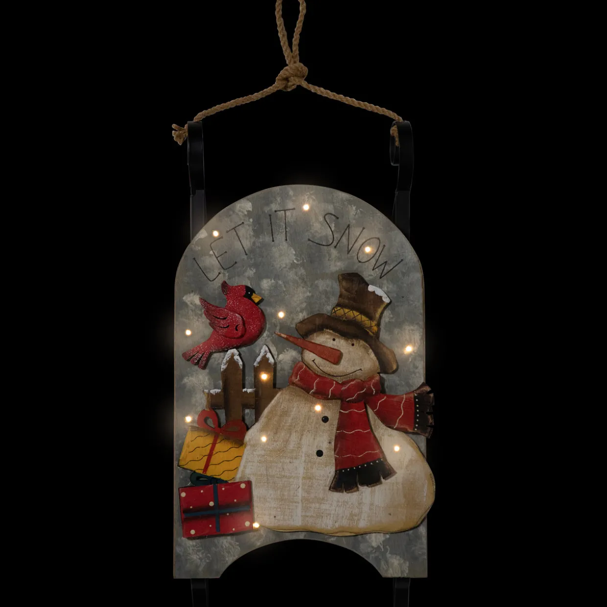 17" LED Lighted Wooden Sled with Snowman and Cardinal Christmas Decoration