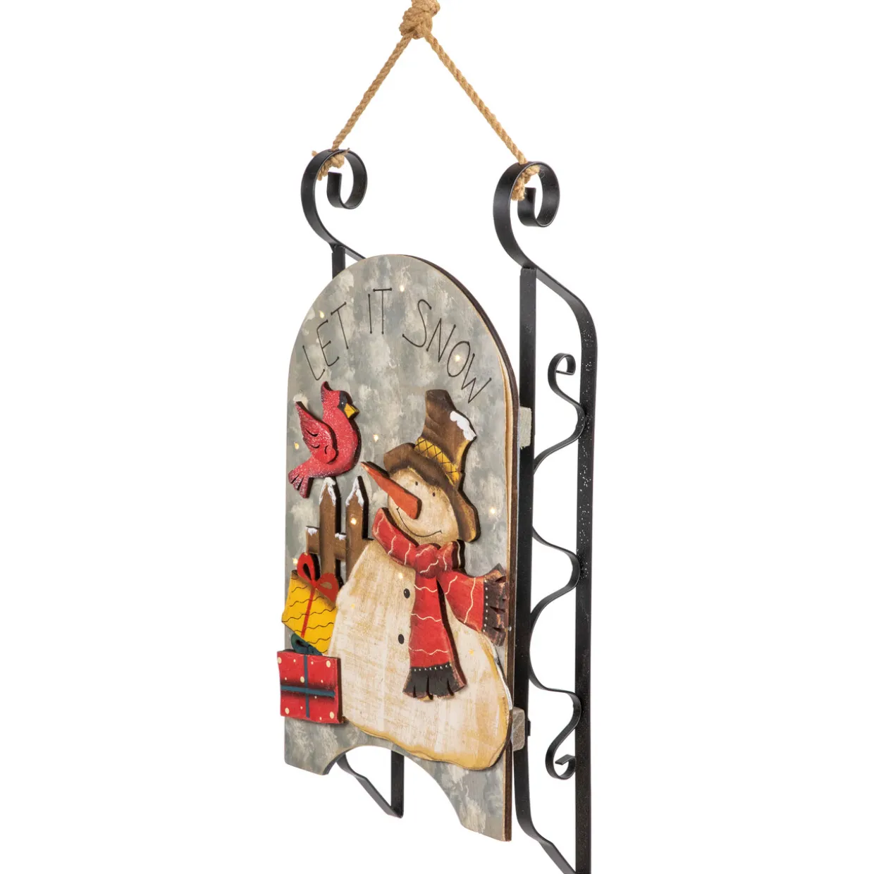 17" LED Lighted Wooden Sled with Snowman and Cardinal Christmas Decoration