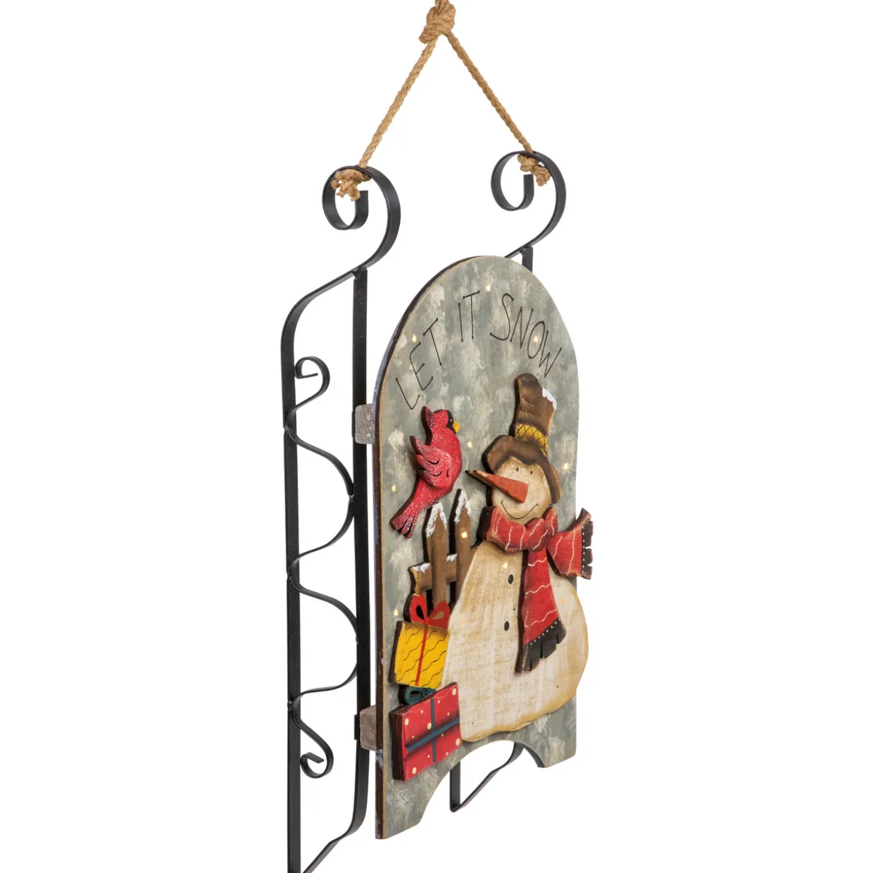 17" LED Lighted Wooden Sled with Snowman and Cardinal Christmas Decoration