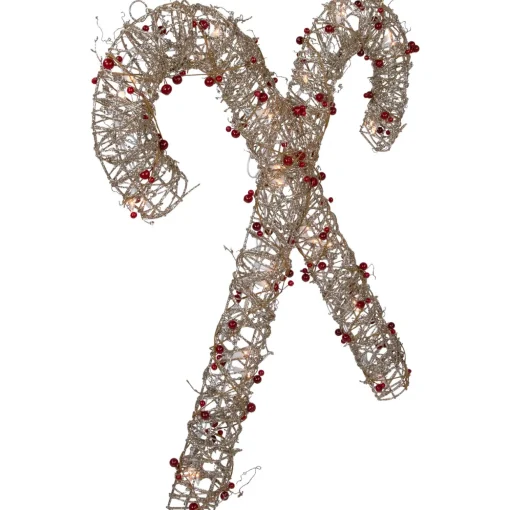 25" Lighted Champagne Gold Glittered Rattan Double Candy Cane Christmas Outdoor or Window Decoration