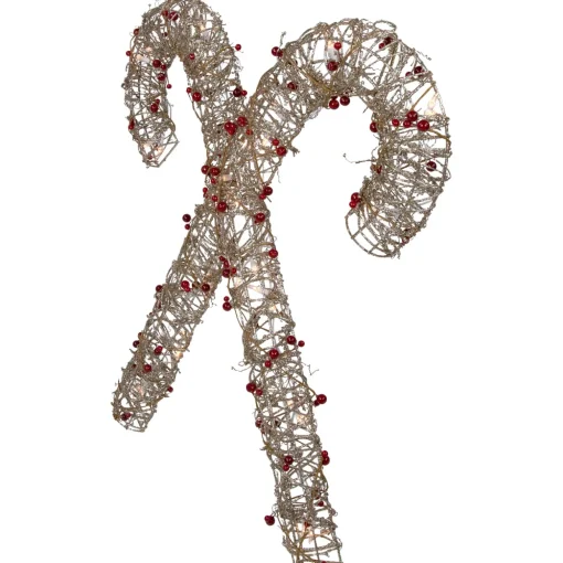 25" Lighted Champagne Gold Glittered Rattan Double Candy Cane Christmas Outdoor or Window Decoration