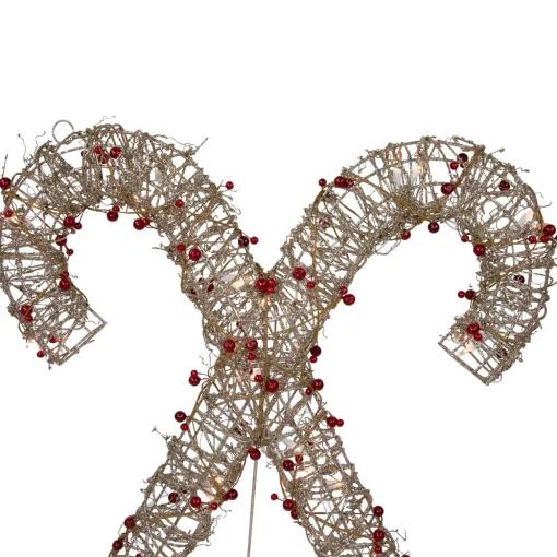 25" Lighted Champagne Gold Glittered Rattan Double Candy Cane Christmas Outdoor or Window Decoration