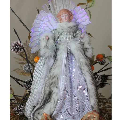 16" Lighted Fiber Optic Angel in Silver Gingham Coat Christmas Tree Topper