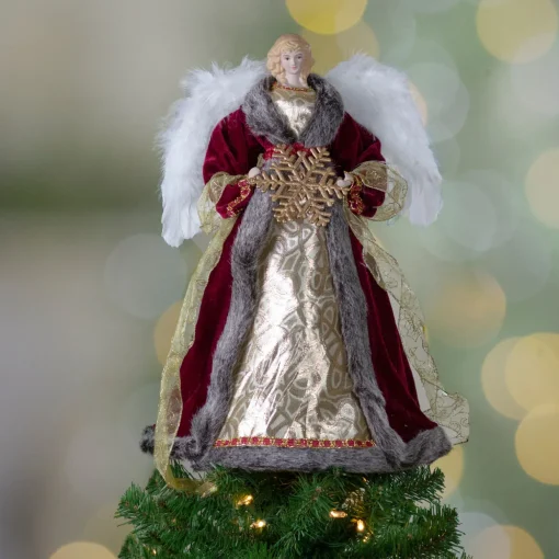 18" Lighted Red and Gold Angel in a Dress Christmas Tree Topper - Warm White Lights
