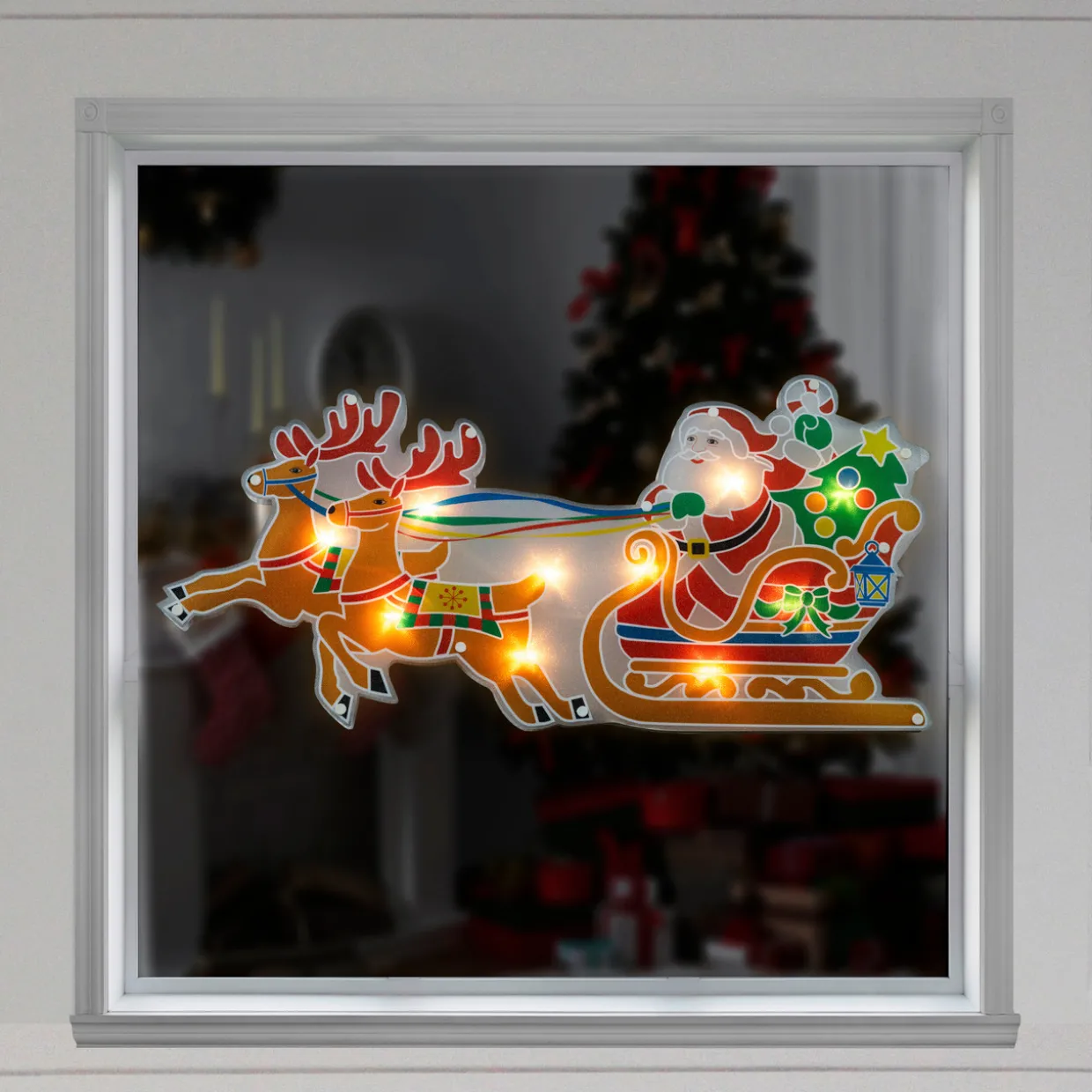 23" Lighted Santa and Reindeer Christmas Window Silhouette