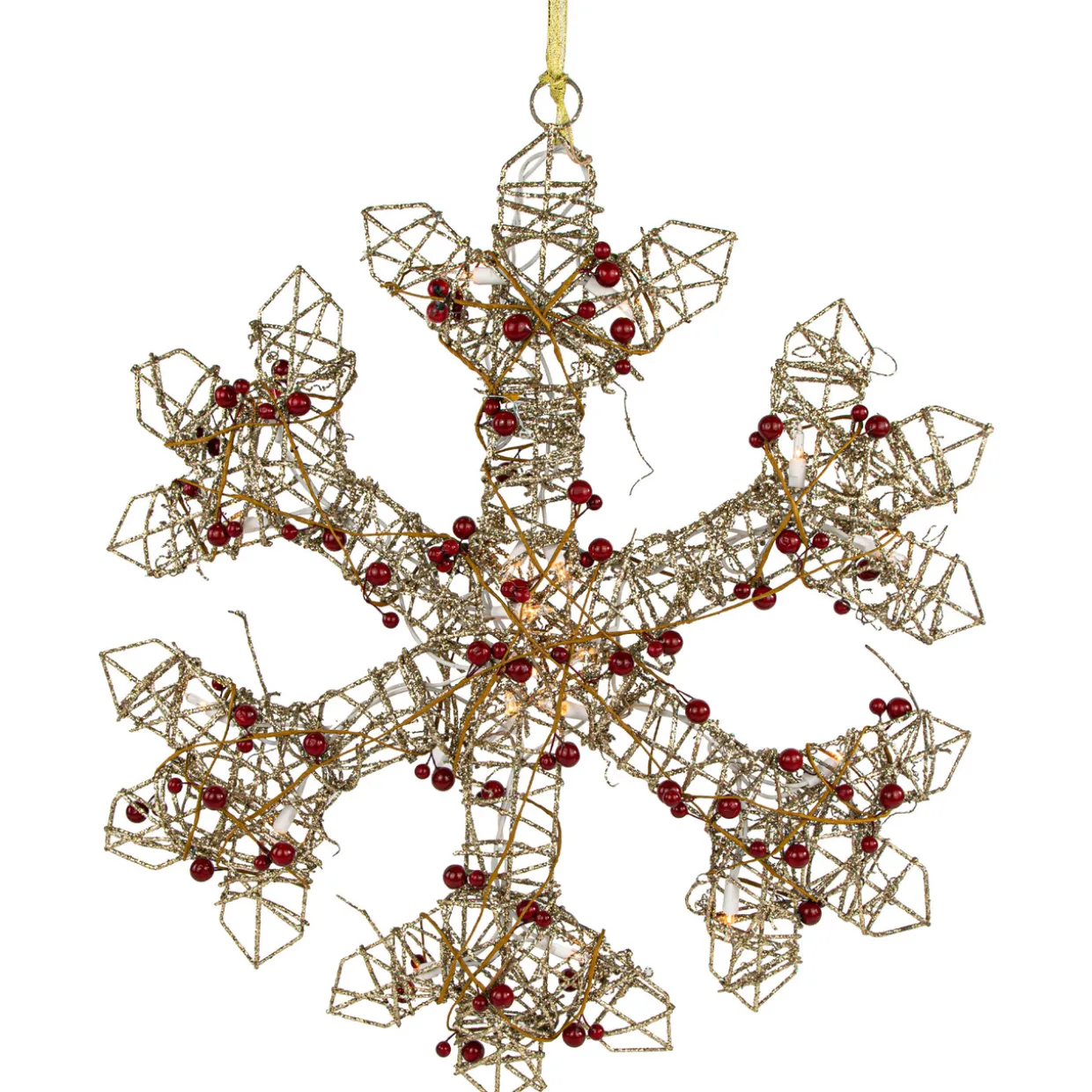 19" Lighted Silver Glittered Berry Rattan Snowflake Christmas Window Decoration