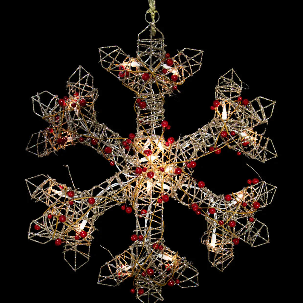 19" Lighted Silver Glittered Berry Rattan Snowflake Christmas Window Decoration
