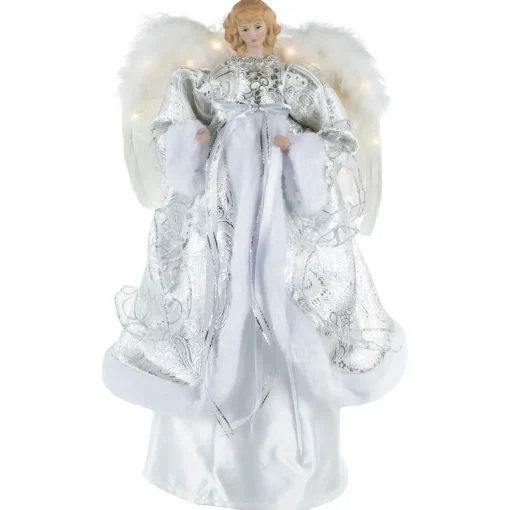 18" Lighted White and Silver Angel in a Dress Christmas Tree Topper - Warm White Lights