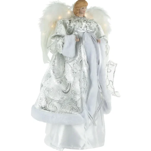 18" Lighted White and Silver Angel in a Dress Christmas Tree Topper - Warm White Lights
