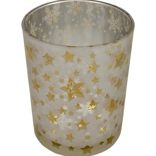 5" Matte Silver and Gold Stars and Snowflakes Flameless Glass Candle Holder