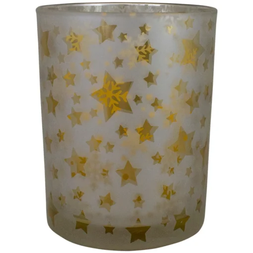 5" Matte Silver and Gold Stars and Snowflakes Flameless Glass Candle Holder