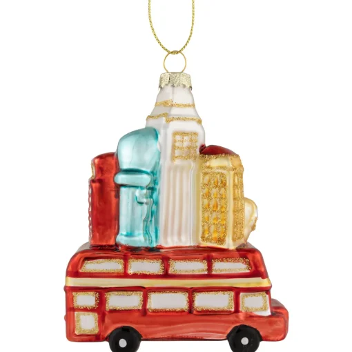 4.5" Merry Christmas Double Decker Tour Bus Glass Ornament