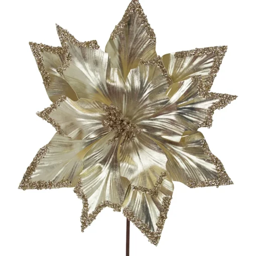 24" Metallic Champagne Gold Glittered Poinsettia Christmas Stem Spray