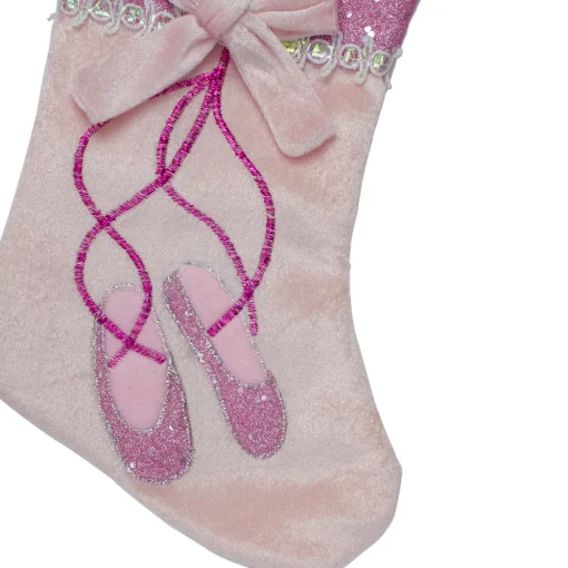 14" Pink and Silver Ballerina Shoes Christmas Stocking with Glitter Cuff and Bow