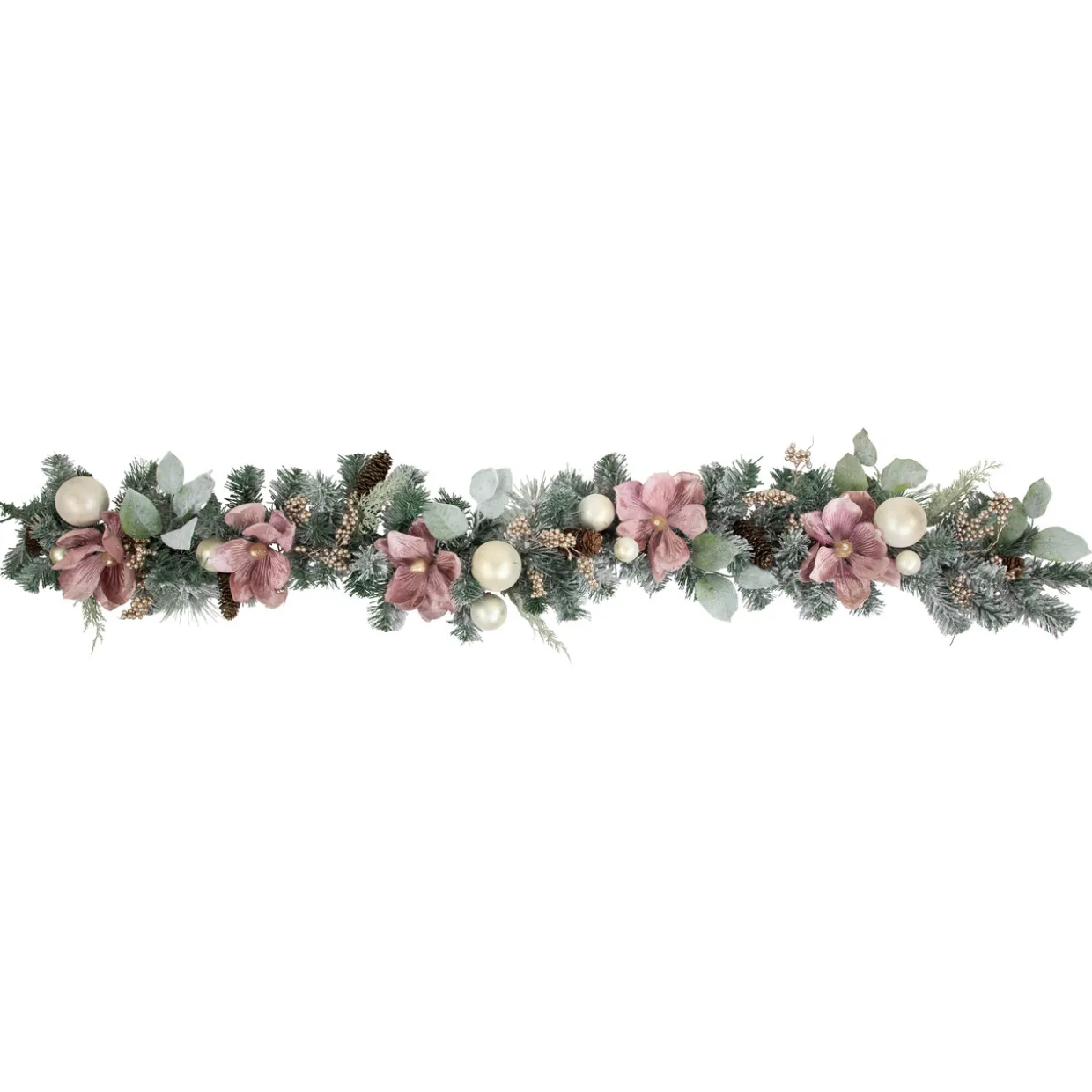 6' Pink Floral and Ball Ornament Frosted Pine Artificial Christmas Garland