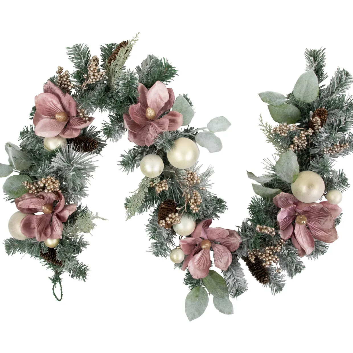 6' Pink Floral and Ball Ornament Frosted Pine Artificial Christmas Garland