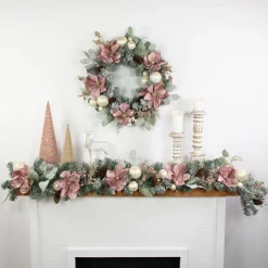 6' Pink Floral and Ball Ornament Frosted Pine Artificial Christmas Garland