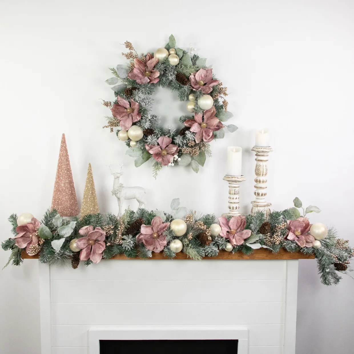 6' Pink Floral and Ball Ornament Frosted Pine Artificial Christmas Garland