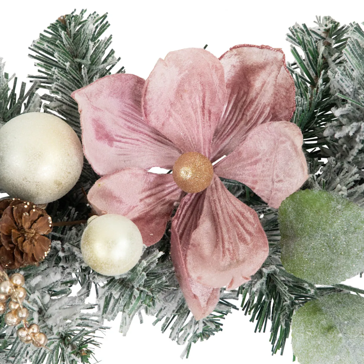 6' Pink Floral and Ball Ornament Frosted Pine Artificial Christmas Garland