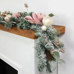 6' Pink Floral and Ball Ornament Frosted Pine Artificial Christmas Garland