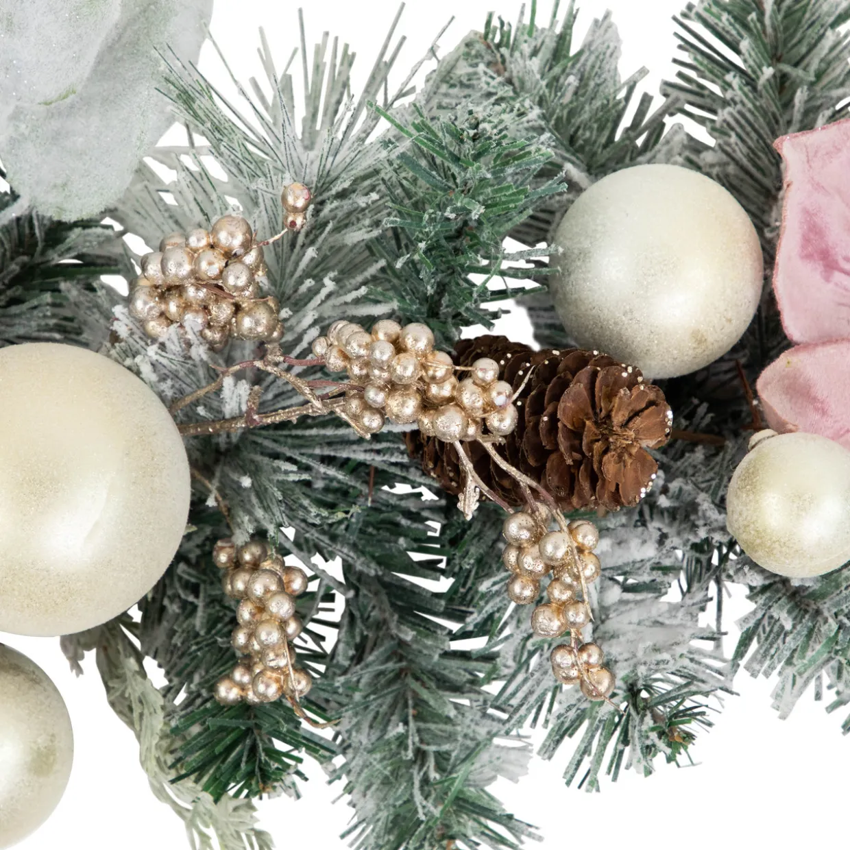 6' Pink Floral and Ball Ornament Frosted Pine Artificial Christmas Garland