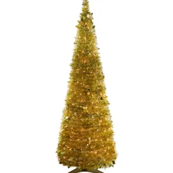 6' Pre-Lit Gold Tinsel Pop-Up Artificial Christmas Tree, Clear Lights
