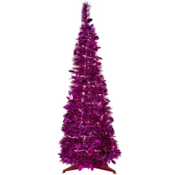 6' Pre-Lit Pink Tinsel Pop-Up Artificial Christmas Tree, Clear Lights