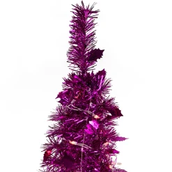6' Pre-Lit Pink Tinsel Pop-Up Artificial Christmas Tree, Clear Lights