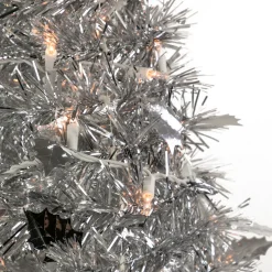 6' Pre-Lit Silver Tinsel Pop-Up Artificial Christmas Tree - Clear Lights