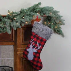 20.5" Red and Black Buffalo Plaid Reindeer Christmas Stocking