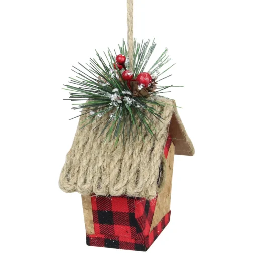 5.75" Red and Black Buffalo Plaid Hanging Bird House Christmas Ornament