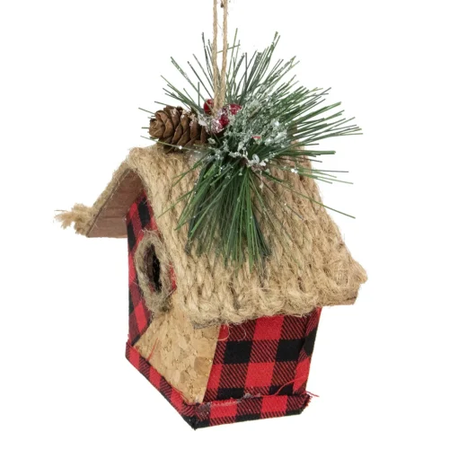 5.75" Red and Black Buffalo Plaid Hanging Bird House Christmas Ornament