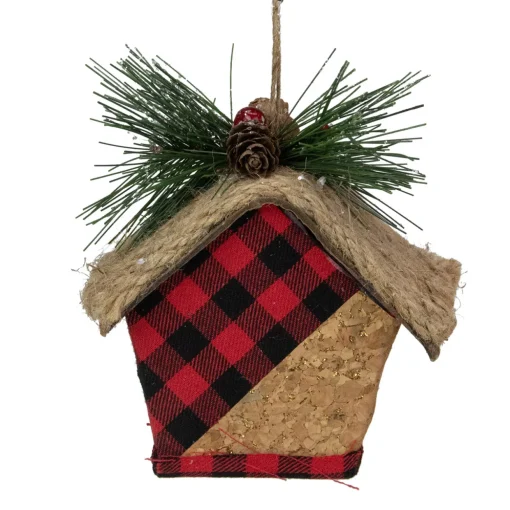 5.75" Red and Black Buffalo Plaid Hanging Bird House Christmas Ornament