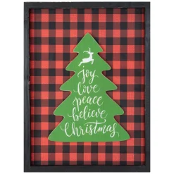 16" Red and Black Buffalo Plaid Christmas Tree Shadow Box Wall Plaque