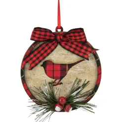 4" Red and Black Plaid Cardinal Disc Christmas Ornament