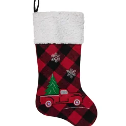 20.5" Red and Black Plaid Christmas Stocking With a Vintage Truck