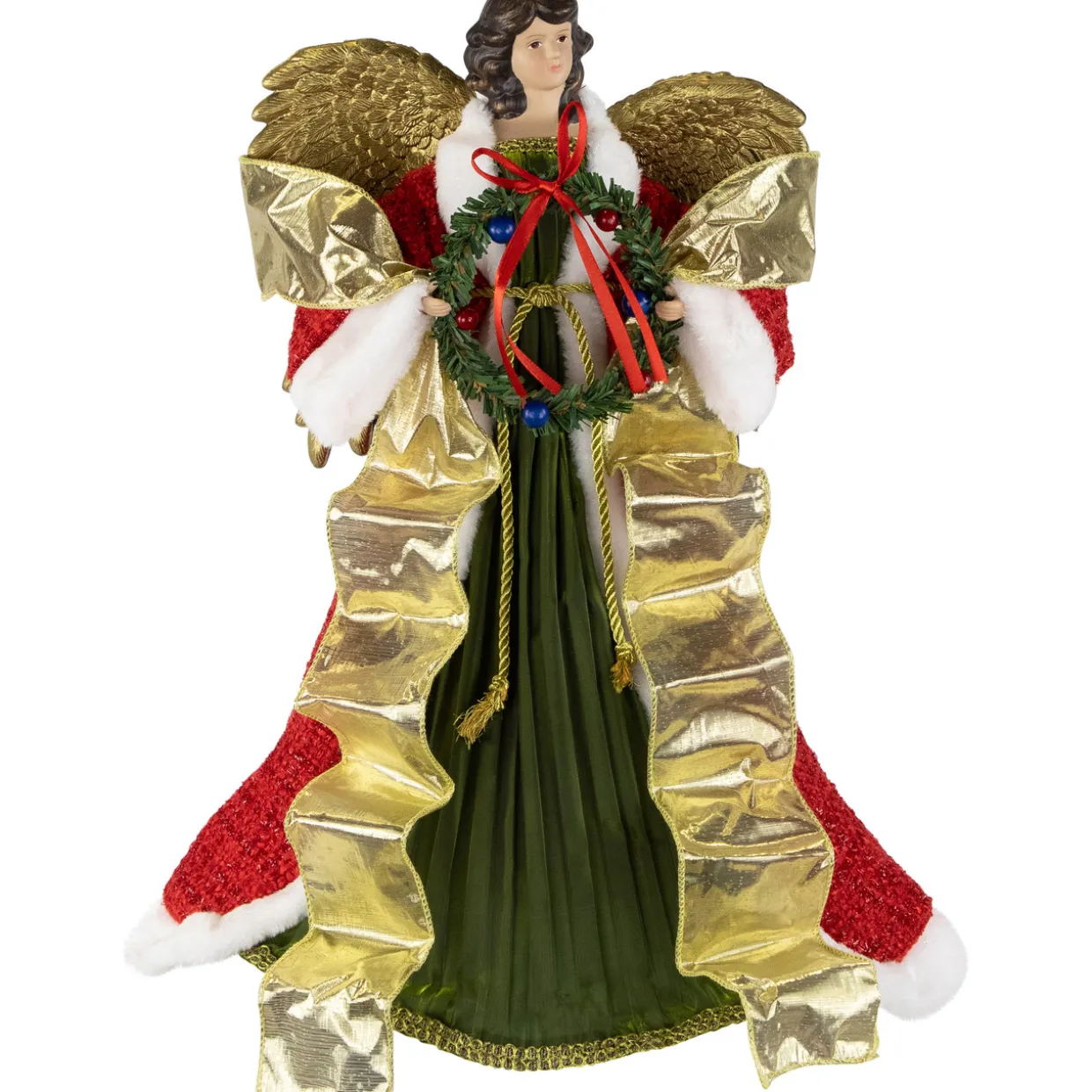 18" Red and Green Angel with Wreath Christmas Tree Topper, Unlit