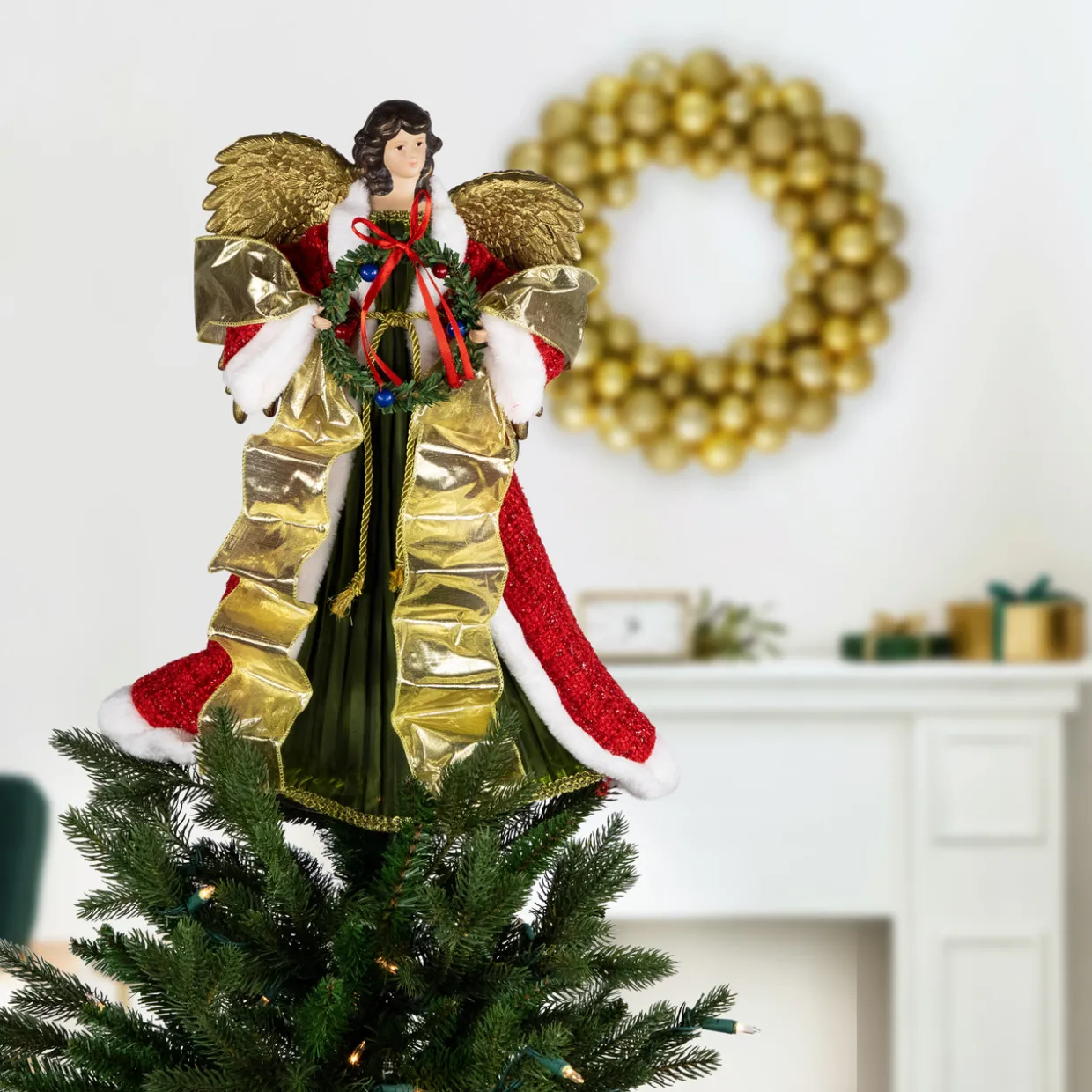 18" Red and Green Angel with Wreath Christmas Tree Topper, Unlit