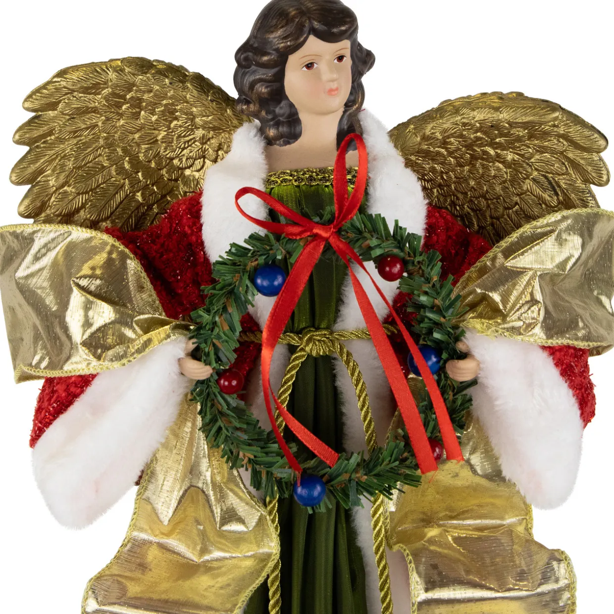 18" Red and Green Angel with Wreath Christmas Tree Topper, Unlit