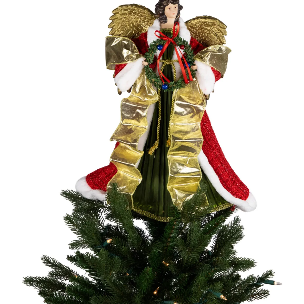 18" Red and Green Angel with Wreath Christmas Tree Topper, Unlit