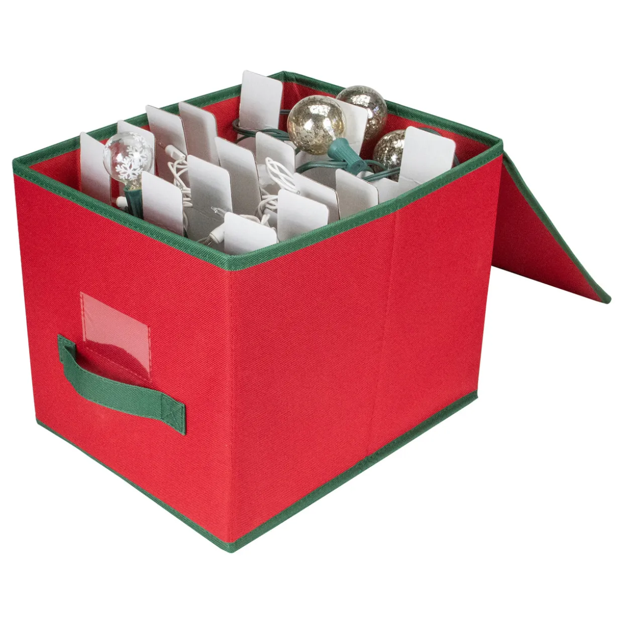 13” Red and Green Christmas Ornament Storage Box with Removable Dividers
