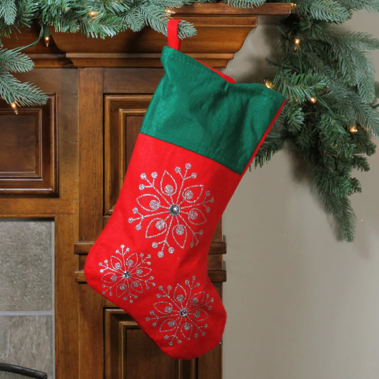 19" Red and Green Felt Christmas Stocking with Snowflakes